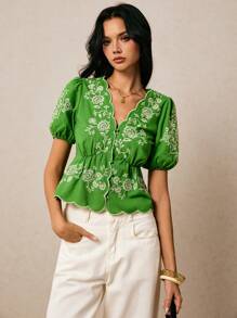 Poéselle Áo kiểu nữ tay ngắn thêu họa tiết phong cách vintage Boho, áo dễ thương, áo thêu, áo sơ mi cài nút, áo dành cho nữ đi nghỉ mát, phong cách cổ điển, phụ nữ thanh lịch, vintage, mùa hè/thu - màu xanh lá - Xem 1