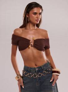 SHEIN BAE Sexy Strapless Crop Top Slim Fit Knit Sweater For Women - Coffee Brown - View 4