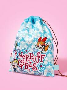 THE POWERPUFF GIRLS X SHEIN 花朵、泡泡、毛茛图案清新蓝白快乐飘逸抽绳背包 - 綠色 - 查看 2