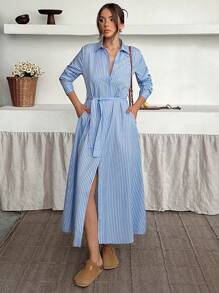 Vestido camisa de manga larga con botones y rayas casual