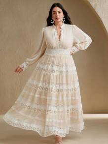 Anewsta 加大码法式优雅宫廷镂空蕾丝拼布碎花长裙，浪漫风格，适合春季、节日、度假 - 米色 - 查看 5