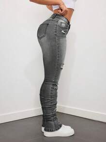 SHEIN ICON Jeans ajustados para mujer de talle bajo con lavado desgastado