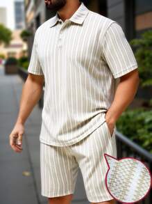 Manfinity Homme 夏季大码男士拼色竖条纹 Polo 衫套装