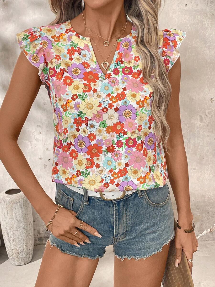 SHEIN Clasi 女式彩色花卉印花短袖衬衫，夏季