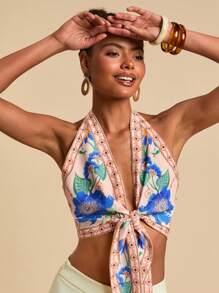 Travachic Top de mujer para vacaciones con estampado floral, detalle de nudo delantero, y escote trasero sin espalda