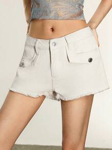 Rina Fox Women's Plain Frayed Hem Casual Denim Shorts For Summer - Apricot - View 7