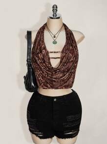 SHEIN ICON 加大码女士复古佩斯利花纹吊带露背上衣，Y2K复古露背款，夜店性感风 - 棕色 - 查看 6