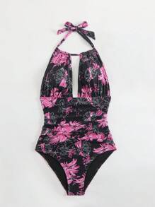 SHEIN Swim Floral Print Backless Halter One-Piece Swimsuit, Vacation Beach For Summer - Hot Pink - View 5