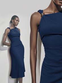 Lumivelle Summer Metal Ring Decor Waist Ruched Sleeveless Dress - Navy Blue - View 3
