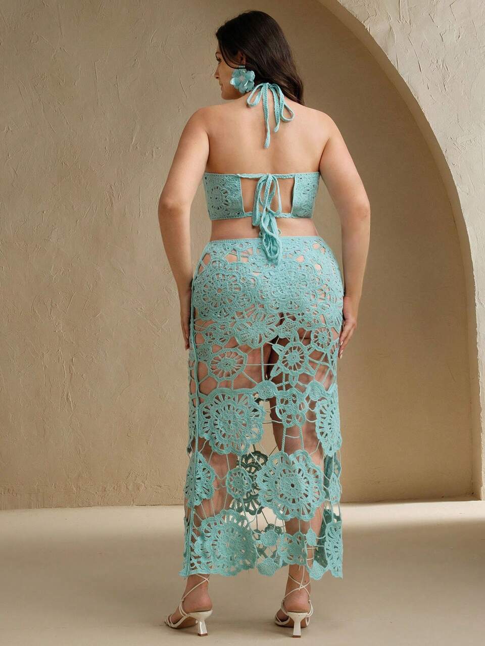 Sexy Beach Resort Elegant Halter Waist Hollowed Rhinestone Crochet Translucent Women Cover Up For Summer Beach Vacation