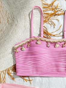 SHEIN 青少年女孩纹理面料度假休闲泳衣套装，带丝带装饰的泳衣适合冲浪、度假、海岸穿着 - 粉色 - 查看 3