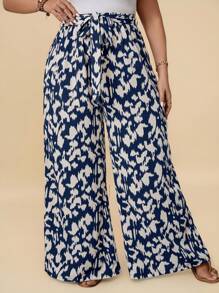 Travachic Plus Allover Print Belted Wide Leg Summer Pants - Navy Blue - View 1