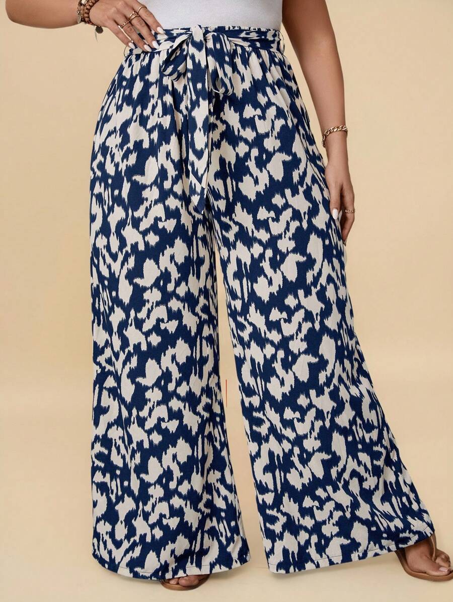 Travachic Plus Allover Print Belted Wide Leg Summer Pants - Navy Blue - View 1