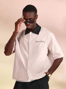 Camisa de trabajo de manga corta con cuello de contraste, de estilo de vida de la marca Sumwon Studios, con estampado urbano, ligera, de ajuste holgado, para uso casual en primavera y verano - Beis - Ver 6