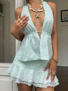 SHEIN EZwear Aqua Green Women Sequin Flower Embroidery Halterneck Plunge Tie Front Sleeveless With Low Waist Ruffles Hem Mini Skirt Set,To Spring Summer Vacation Cute Elegant,Concert - Green - View 1