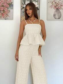 Siren Gaze 2件套女士纯色荷叶边下摆吊带背心和裤子套装 - 杏色 - 查看 5