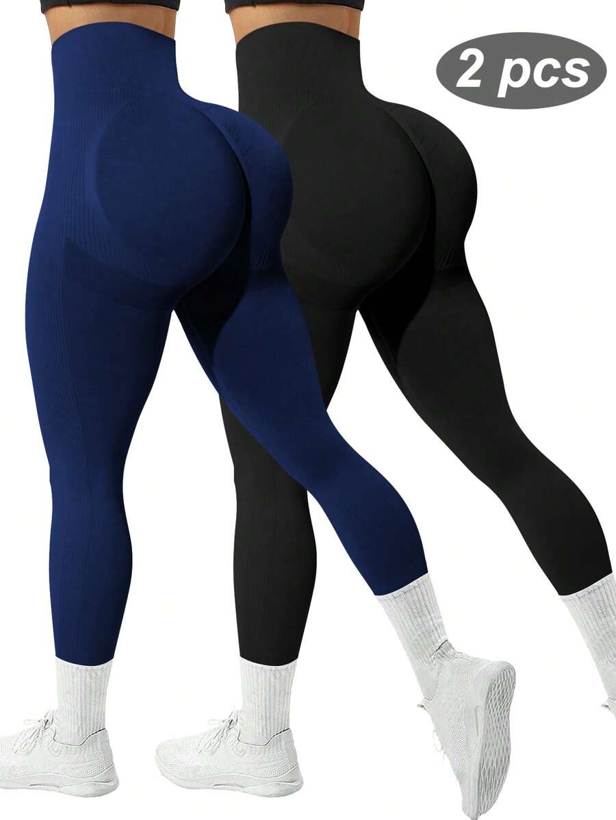 Gameset SHEIN Sport 2pcs Solid Color High Waist Seamless Stretchy Tight Yoga Leggings - Multicolor - View 1