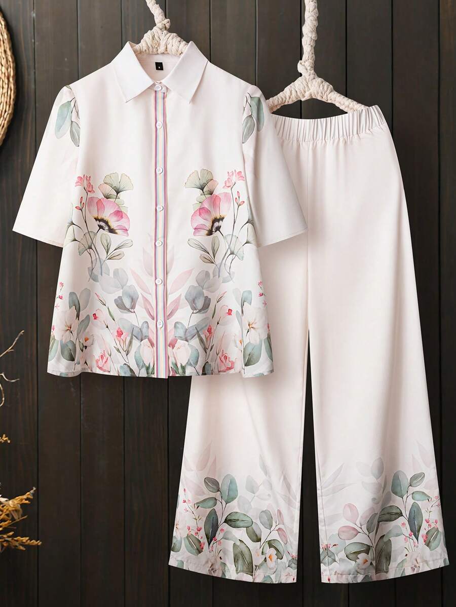 Lacomfia 2件套纽扣领花卉印花衬衫和裤子休闲女装 - 彩色 - 查看 1