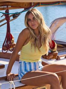 Aralina 4th Of July Summer Vacation Gather Front Rib Halter Cute Top, Perfect For Beach Outfits And Summer Outfits - Yellow - View 8