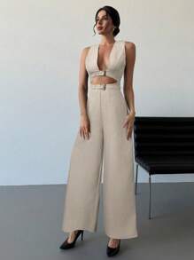 Firerie Nuevo conjunto de primavera/verano de 2 piezas: Elegante y vintage chaleco de color negro sólido, de doble botonadura, con escote en V y estructura hueca, talla grande pantalones casuales minimalistas de talle alto y pierna ancha con hebilla metálica.