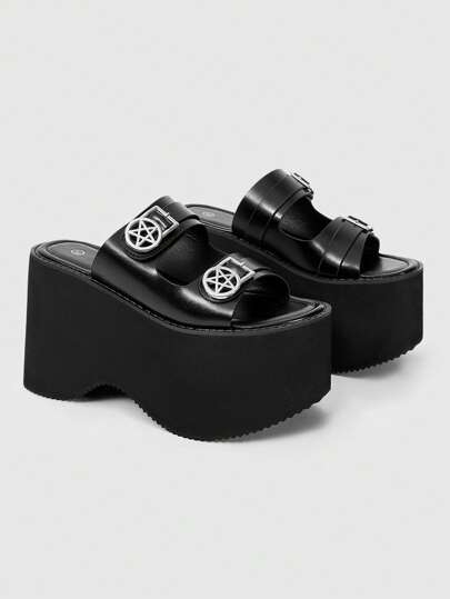 Grunge Punk Women's Super High Heel Thick Sole Fashion Sandals, Round Star Hollow Out Single Strap Open Toe Slides