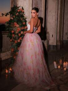 Glamrae Women's Elegant Digital Printed Luxury Satin Sweetheart Neck Adjustable Back Tie High Waist Extra Flare Formal Evening Gown, Party Dress, For Wedding Guest - Multicolor - View 3