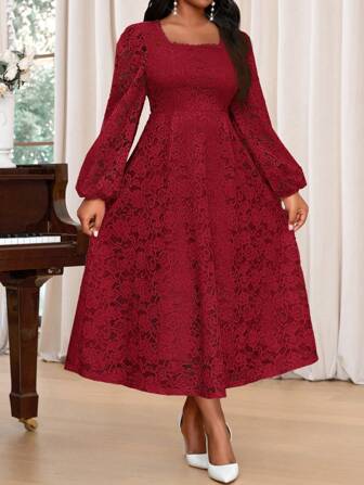 SHEIN Lady Plus Size Elegant Party Solid Color Textured Flare Sleeve Fishtail Dress New Years Vacation Outfits Elegant Party Pink Valentine Day Formal Dresses For Women Lace Dress Pink Dress For Women Summer Dresses For Women