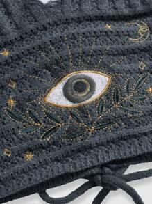 ROMWE Hippie Boho Style Summer Women Top, Hippie Vacation Inspired Eye, Moon And Star Embroidery Blue Green Knit Sweater