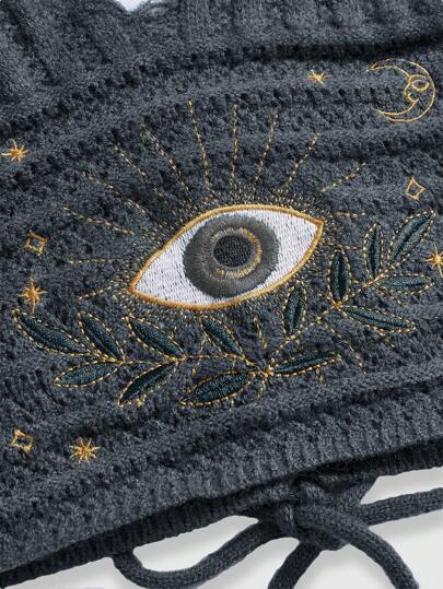Hippie Boho Style Summer Women Top, Hippie Vacation Inspired Eye, Moon And Star Embroidery Blue Green Knit Sweater