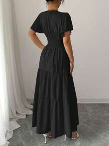 Selianne 2025春夏新品法式收腰高端紫色短袖连衣裙 - 黑色 - 查看 2