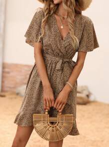 SHEIN Tall Women's Mini Ditsy Floral V-Neck Ruffle Hem Wrap Dress