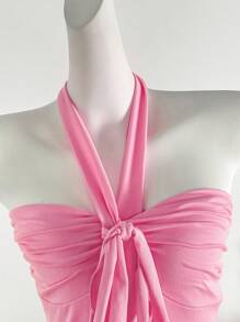 粉色女童露背褶皱修身夏季度假背心，海边野餐，蝴蝶结，吊带，粉色夏季上衣 - 粉色 - 查看 4