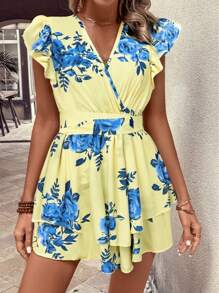 SHEIN Clasi Mono con estampado floral, escote cruzado y mangas cortas para mujer para vacaciones
