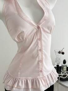 Elamini 棕色女式无袖荷叶边下摆休闲衬衫 - 西瓜粉 - 查看 5