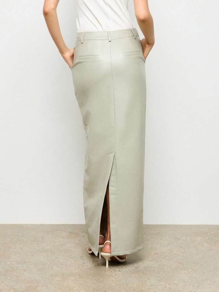 Women Faux Leather Maxi Column Skirt With Back Split