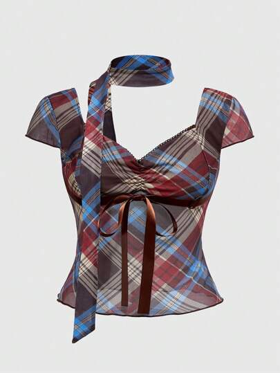 J-Fashion Blusa de talla grande para mujer con estampado de cuadros y malla