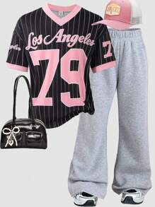 Sparklyn 青少年女孩基本款美式街头休闲运动复古队号条纹V领超大黑色边饰T恤 - 黑色 - 查看 9