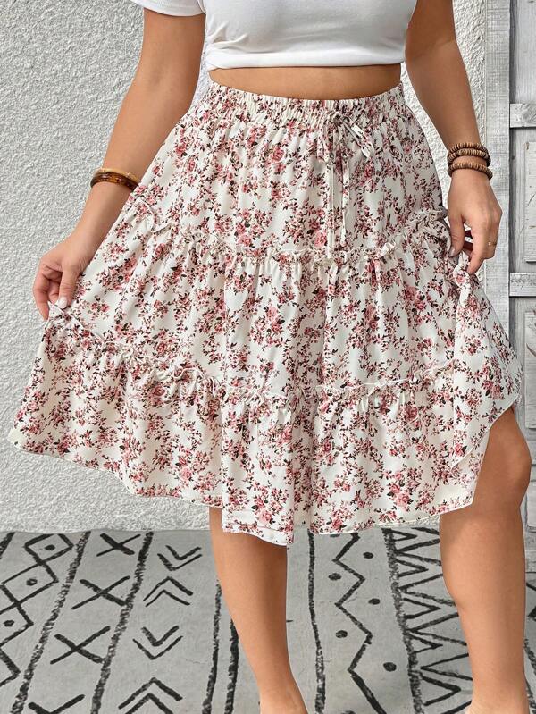 SHEIN Tall Plus Size Casual Versatile Ditsy Floral Midi Skirt, Suitable For Holiday Summer Women Clothes  Curve Plus   Vacation Women Clothes   Shein Curve