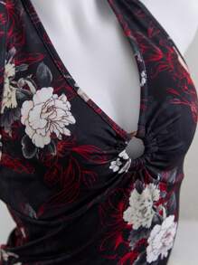 Elamini 女式夏季度假花卉印花O形环褶饰胸前露背吊带短款上衣