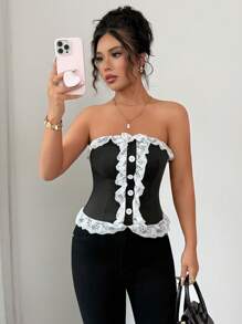 Selianne Elegant Lace Trim Bandeau Top For Women - Black - View 1