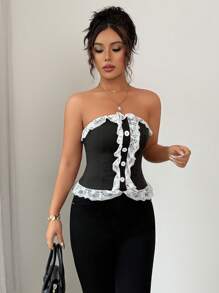 Selianne Elegant Lace Trim Bandeau Top For Women - Black - View 5