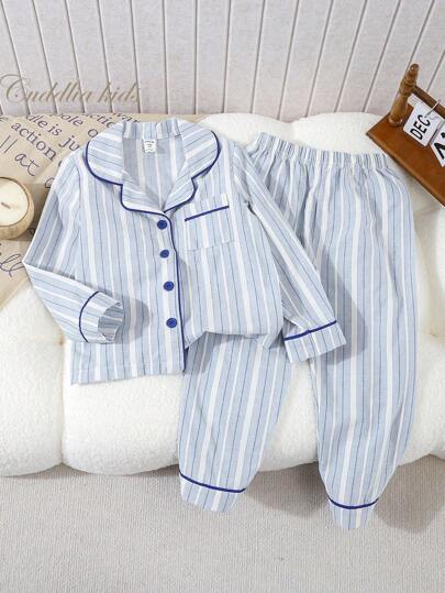 SHEIN 2st Young Boys klassisk randig kofta & byxor Loungewear Set