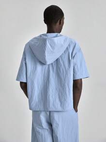 Ontre Men Summer Solid Color Casual Hoodie Short Sleeve Shirt, Suitable For Independence Day, St. John's Day, Graduation, Daily Wear, Vacation, Beach Resort,Commuting - Blue - View 3