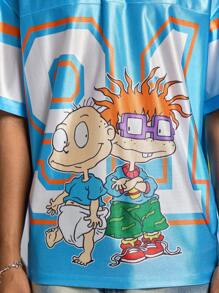 ROMWE MEN Nick 90's X ROMWE Camiseta de manga corta de estilo deportivo casual y de moda con estampado de dibujos animados para hombre