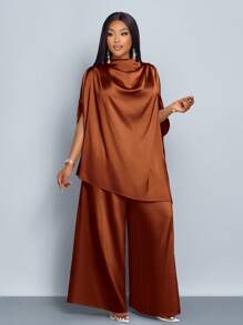 SOLERSUN 女士时尚纯色优雅立领时尚精致蝙蝠袖缎面不对称下摆衬衫和直腿优雅长裤套装 - 棕色 - 查看 7