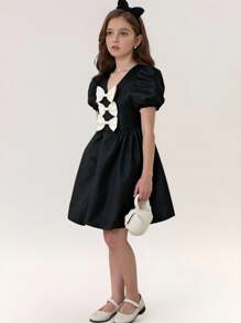 Girlism Rochie de mireasă din satin cu mâneci bufante și funde în culori contrastante pentru fete preadolescente, pentru cocktail, petrecere de absolvire, primăvară/vară; Rochie mini drăguță din satin cu decor cu funde - Negru - Vizualizare 7