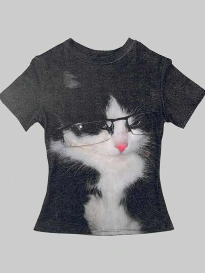 INAWLY Sexy Cute Cat Print Short Y2K Style Summer Women Casual T-Shirt