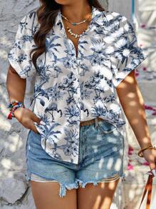 SHEIN LUNE Camisa holgada casual regular de talla grande con estampado de hojas hawaianas, adecuada para vacaciones - Multicolor - Ver 1
