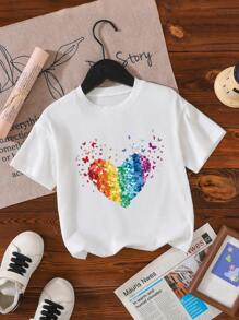 SHEIN 女童休闲时尚舒适简约多色心形图案短袖圆领 T 恤，春夏