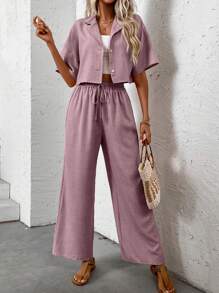 SHEIN PETITE 女士夏季纯色翻领短袖衬衫和裤子休闲套装（2件套） - 淺灰紫 - 查看 3